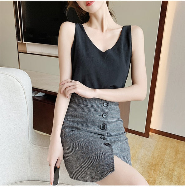 Womens Tops and Blouses Chiffon Women Blouses Sleeveless V-Neck White Women  Shirts Plus Size Korean Fashion Clothing