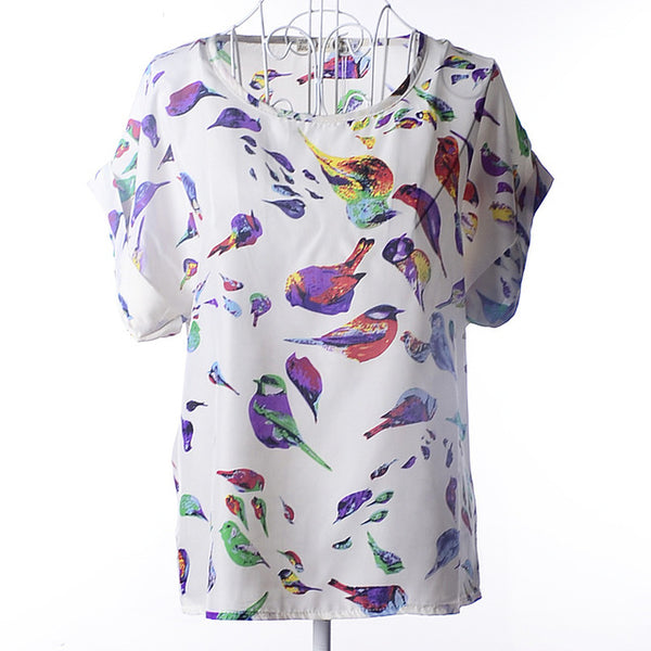 Print O-Neck Tropical Chiffon Women Blouses Short Batwing Sleeve  Size Shirt Body Blusas Femininas  Fashion Women Top 62