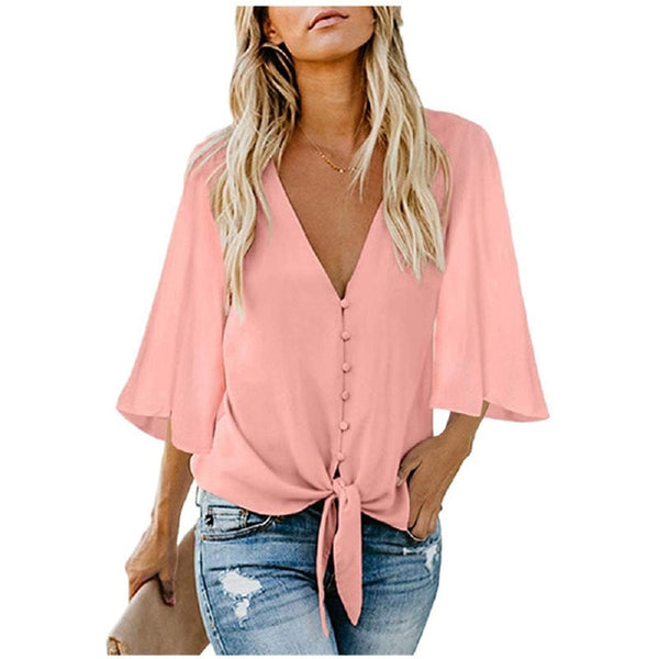 2019 Women Chiffon Blouse Shirt Fashion Sexy BatwingSleeve Womens Tops V-neck Button Blouses Office Ladies Shirts Plus Size