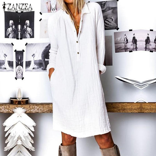 Fashion Autumn Lapel Neck Long Shirt Dress ZANZEA Women Long Sleeve Buttons Cotton Linen Sundress Casual Loose Work OL Vestido