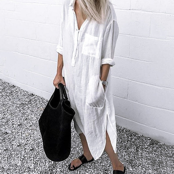 Fashion Autumn Lapel Neck Long Shirt Dress ZANZEA Women Long Sleeve Buttons Cotton Linen Sundress Casual Loose Work OL Vestido