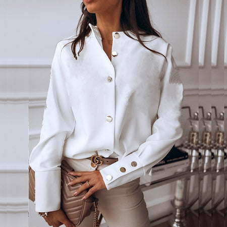 CROPKOP Fashion Casual Solid Color ladies office Tops Sexy Buttons Long sleeve Blouse 2020 new Spring Women Chiffon white Shirt