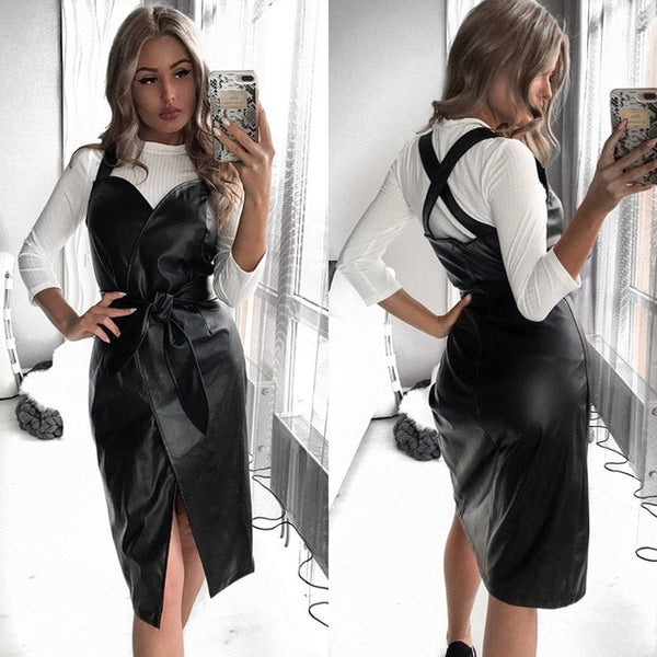 Women Sashes Pu Leather Club Sexy Dress Back Cross Spaghetti Strap Fashion Lady Elegant Dress Knee Length 2019 Vintage v Neck