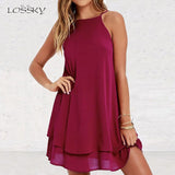 Lossky Women Summer Backless Chiffon Dress Sexy Spaghetti Strap Mini Casual Loose Dresses Fashion Women's Black Red Dress Girl