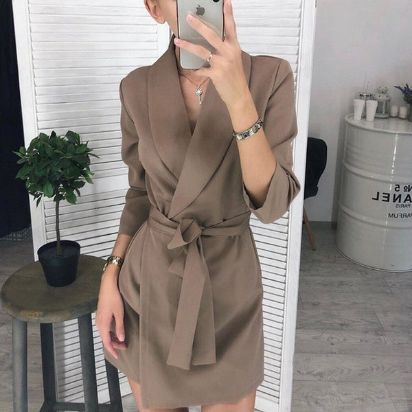 Women Vintage Sashes A-line Party Mini Dress Long Sleeve Notched Collar Solid Casual Elegant Dress2020 Summer New Fashion Dress