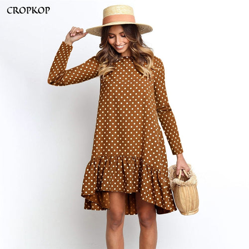 Women Autumn Dress Fashion Polka Dot Chiffon Dress Long Sleeve O Neck Ruffle Female Casual Yellow Dress 2020 Retro Vestido Mujer