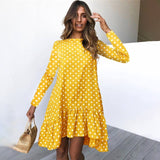 Women Autumn Dress Fashion Polka Dot Chiffon Dress Long Sleeve O Neck Ruffle Female Casual Yellow Dress 2020 Retro Vestido Mujer