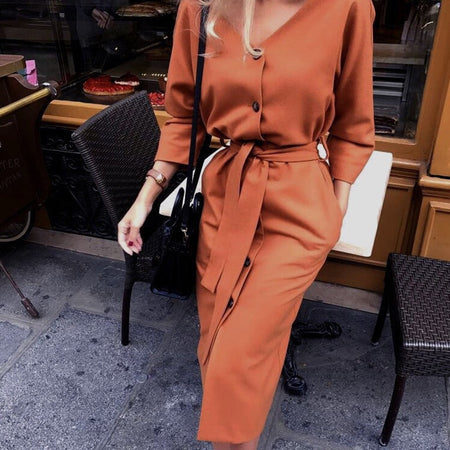 Fashion Turn-down Collar Party Shirt Dress Women Solid Three Quarter Sleeve Spring Summer Dress Plus Size Casual Vestidos Robe