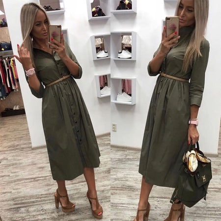 Fashion Turn-down Collar Party Shirt Dress Women Solid Three Quarter Sleeve Spring Summer Dress Plus Size Casual Vestidos Robe