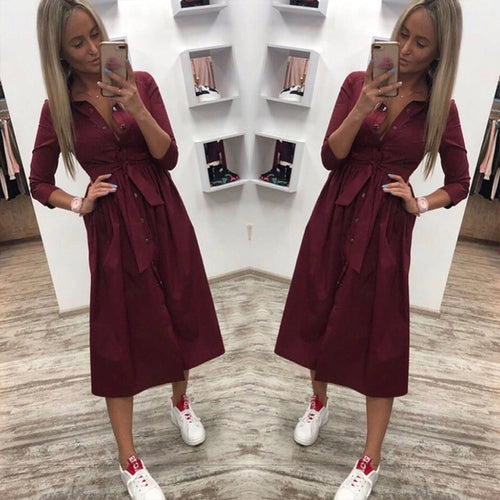 Casual Sashes a Line Women Dress Ladies Long Sleeve Turn Down Collar Fashion Party Dress Autumn Elegant Long Dress shirt dress