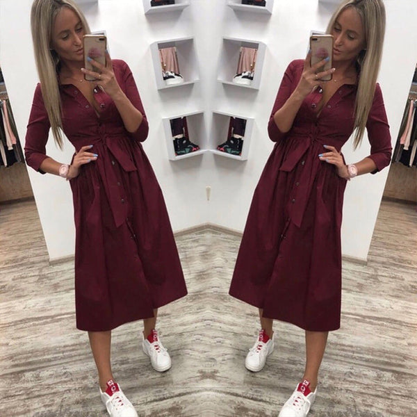 Casual Sashes a Line Women Dress Ladies Long Sleeve Turn Down Collar Fashion Party Dress Autumn Elegant Long Dress shirt dress