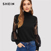 SHEIN Frauen High Neck Spitze Laterne Hülse Top Mode Mesh Bluse frauen Langarm Muster Druck Damen Tops