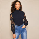 SHEIN Frauen High Neck Spitze Laterne Hülse Top Mode Mesh Bluse frauen Langarm Muster Druck Damen Tops